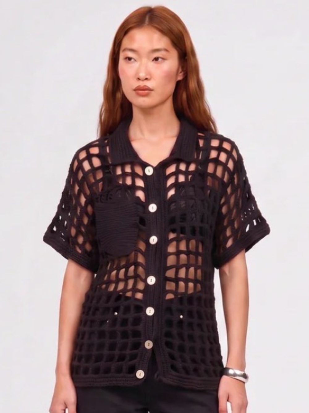 Nia Thomas Sessa Shirt Black Open-Knit Button-Front Women’s Top